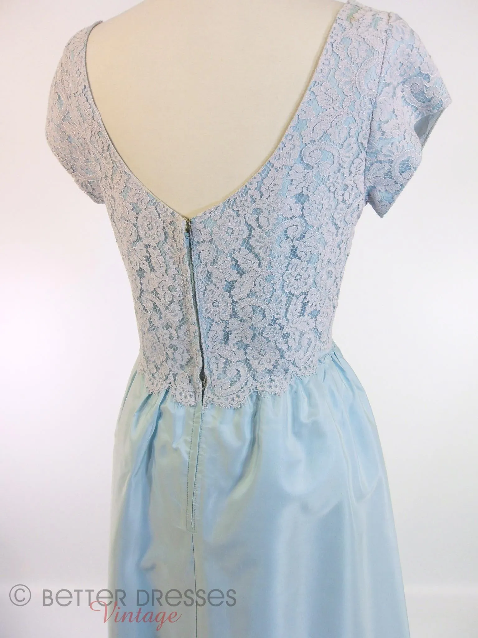 60s Light Blue Satin and Lace Gown