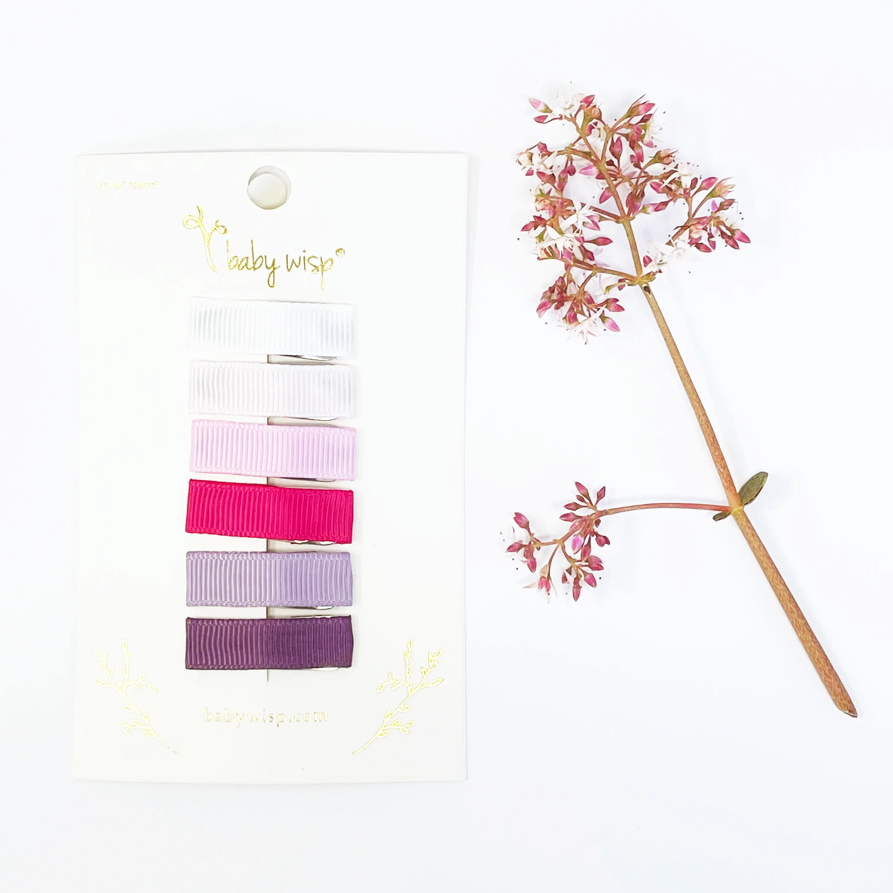 Baby Wisp - 6 Small Snap Ribbon Hair Clips - Purple Tulips