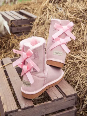 Ballet Bow Back Ribbon Suede Boots - Blush Pink