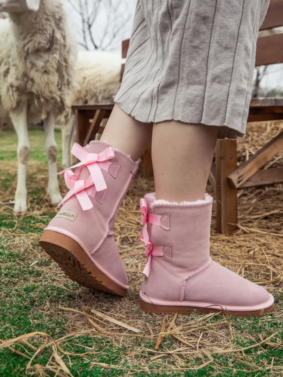 Ballet Bow Back Ribbon Suede Boots - Blush Pink