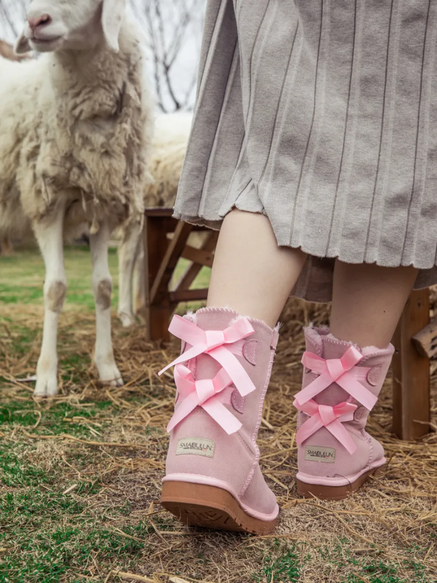 Ballet Bow Back Ribbon Suede Boots - Blush Pink