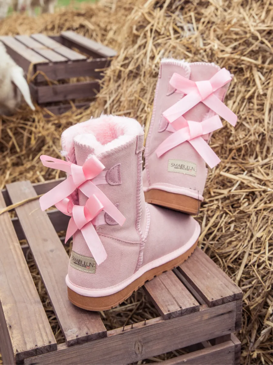 Ballet Bow Back Ribbon Suede Boots - Blush Pink