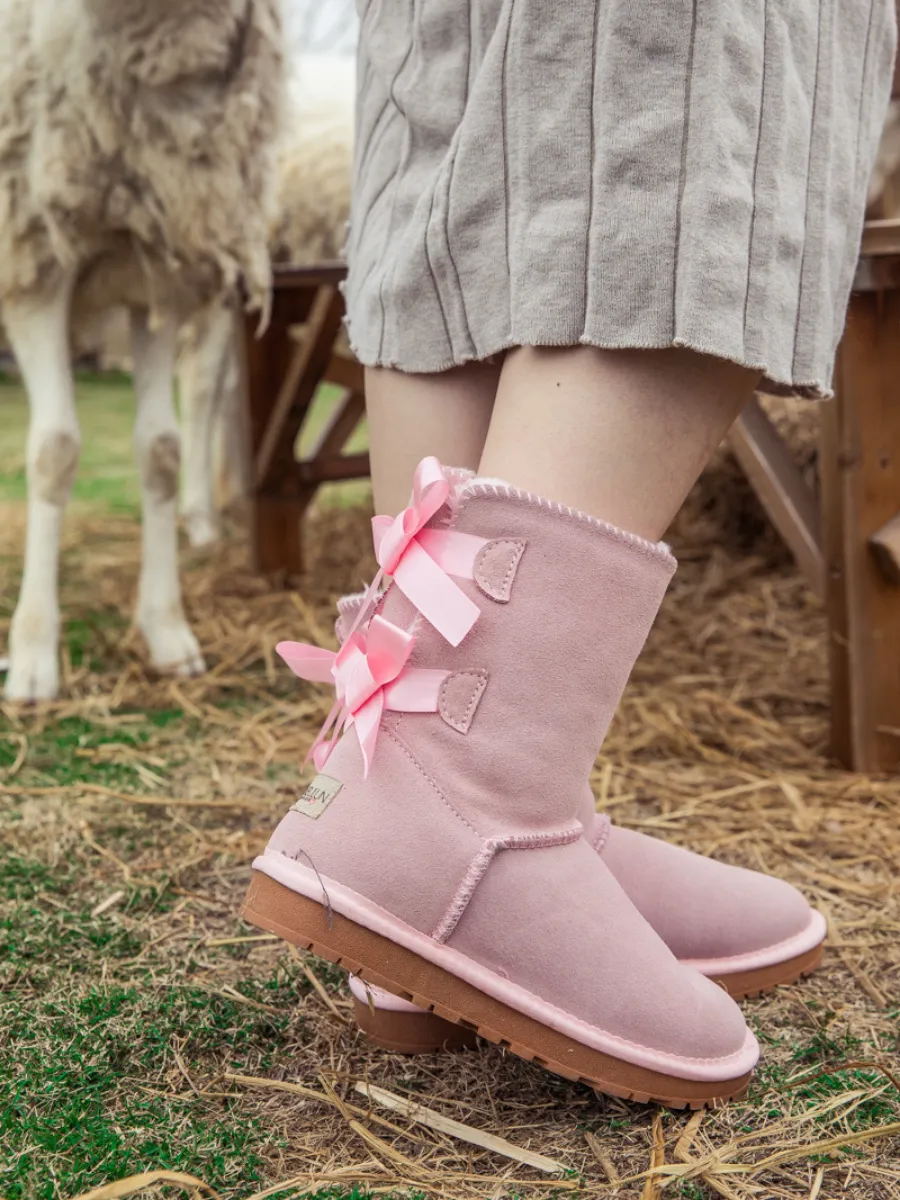 Ballet Bow Back Ribbon Suede Boots - Blush Pink