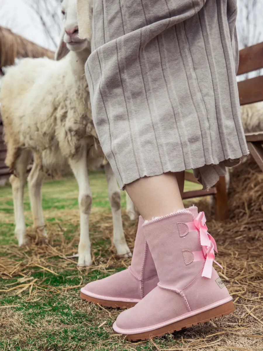 Ballet Bow Back Ribbon Suede Boots - Blush Pink