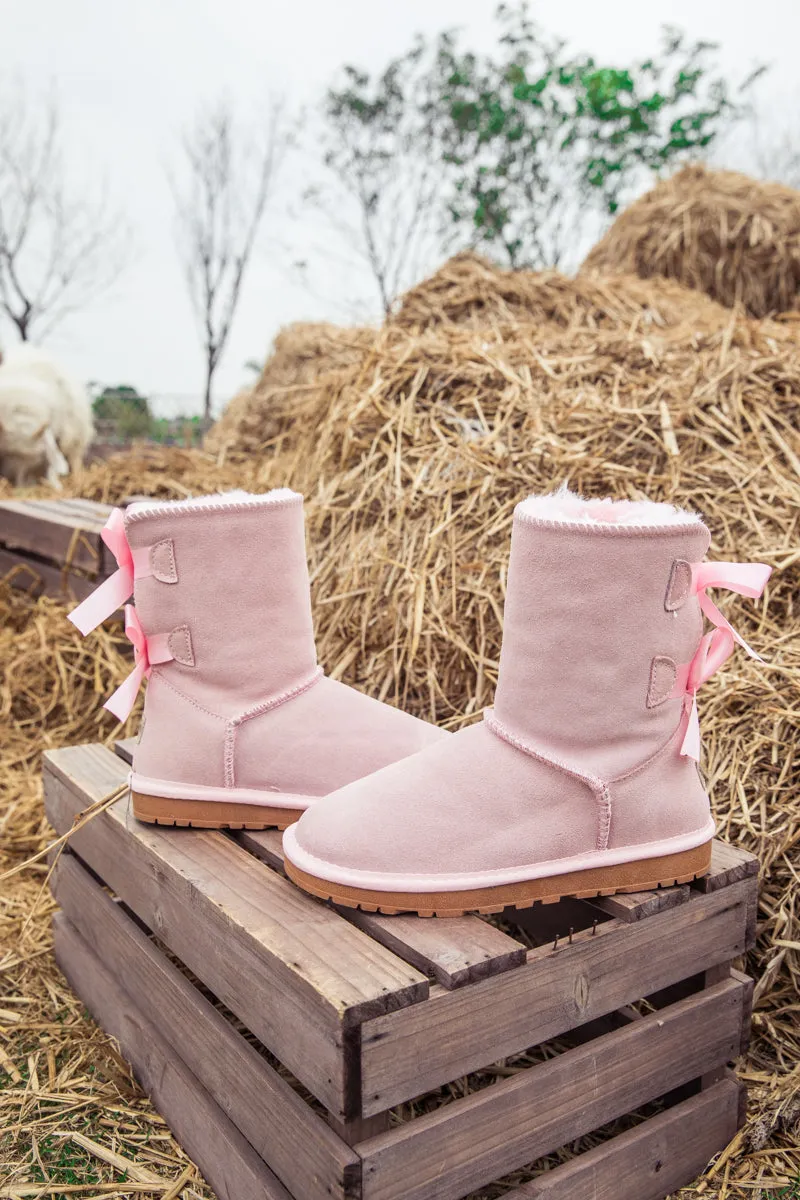 Ballet Bow Back Ribbon Suede Boots - Blush Pink