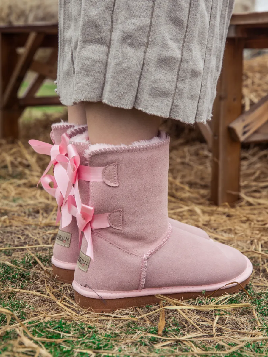 Ballet Bow Back Ribbon Suede Boots - Blush Pink