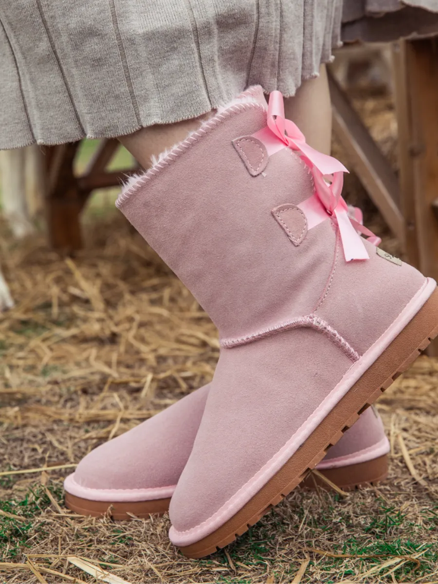 Ballet Bow Back Ribbon Suede Boots - Blush Pink