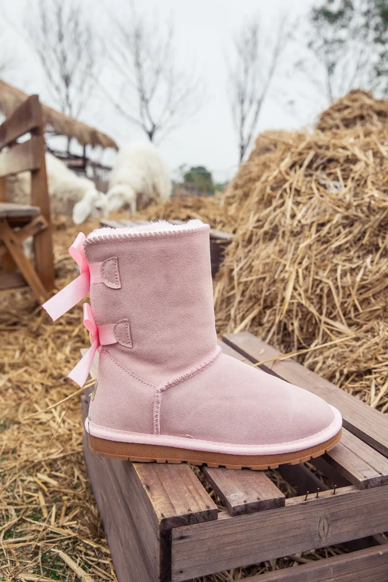 Ballet Bow Back Ribbon Suede Boots - Blush Pink