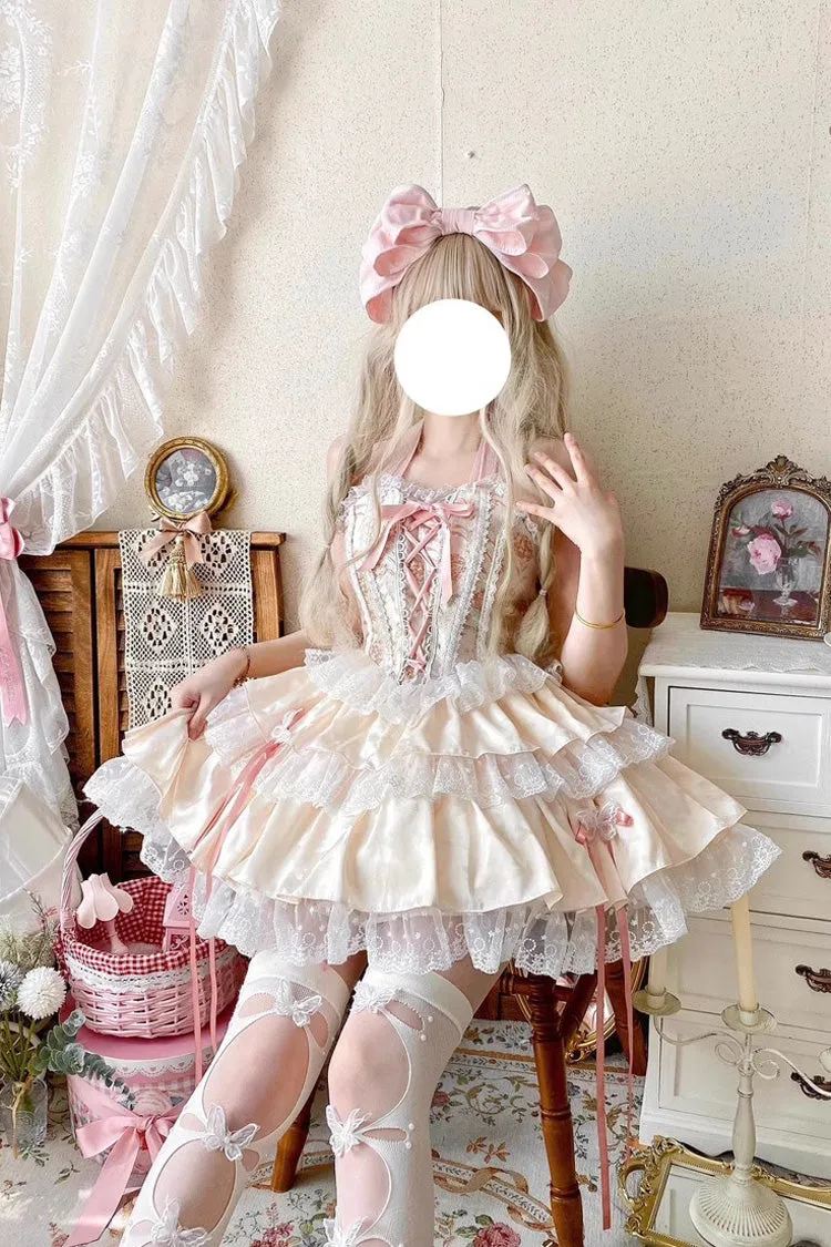 Ballet Style Fishbone Lace Multi-layer Ruffle Bowknot Sweet Lolita Jsk Skirt Set 2 Colors