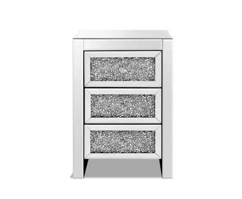 Bedside Table Nightstand Side End Tables Storage 3 Drawers Mirrored Glass Furniture