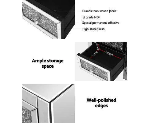 Bedside Table Nightstand Side End Tables Storage 3 Drawers Mirrored Glass Furniture