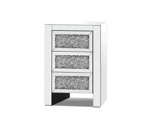 Bedside Table Nightstand Side End Tables Storage 3 Drawers Mirrored Glass Furniture
