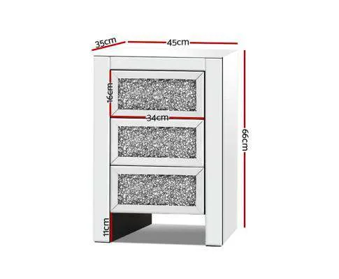 Bedside Table Nightstand Side End Tables Storage 3 Drawers Mirrored Glass Furniture