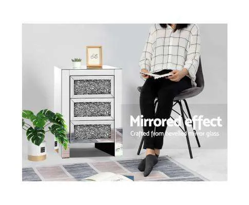Bedside Table Nightstand Side End Tables Storage 3 Drawers Mirrored Glass Furniture