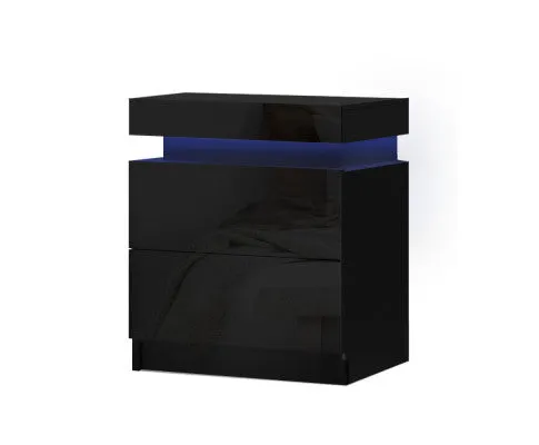 Bedside Tables Side Table Drawers RGB LED High Gloss Nightstand Black