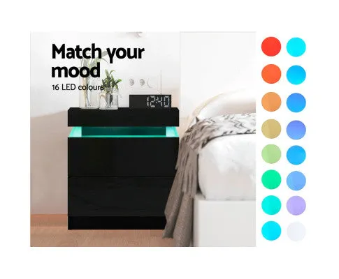 Bedside Tables Side Table Drawers RGB LED High Gloss Nightstand Black