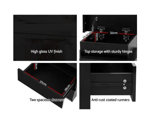 Bedside Tables Side Table Drawers RGB LED High Gloss Nightstand Black