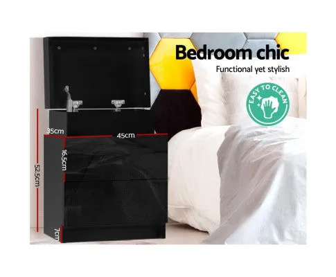 Bedside Tables Side Table Drawers RGB LED High Gloss Nightstand Black