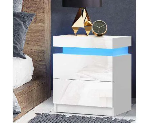 Bedside Tables Side Table Drawers RGB LED High Gloss Nightstand White