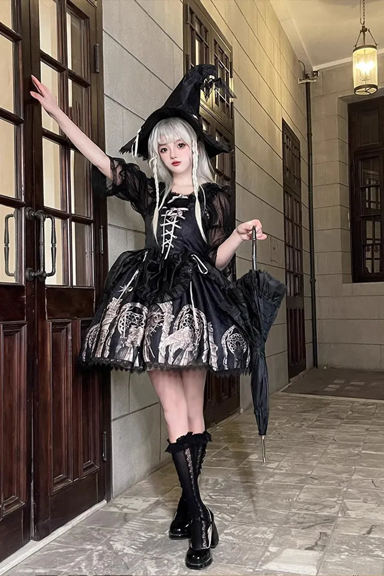 Black Eternal Night Print Ballet Lace-Up Gothic Punk Lolita Jsk Dress