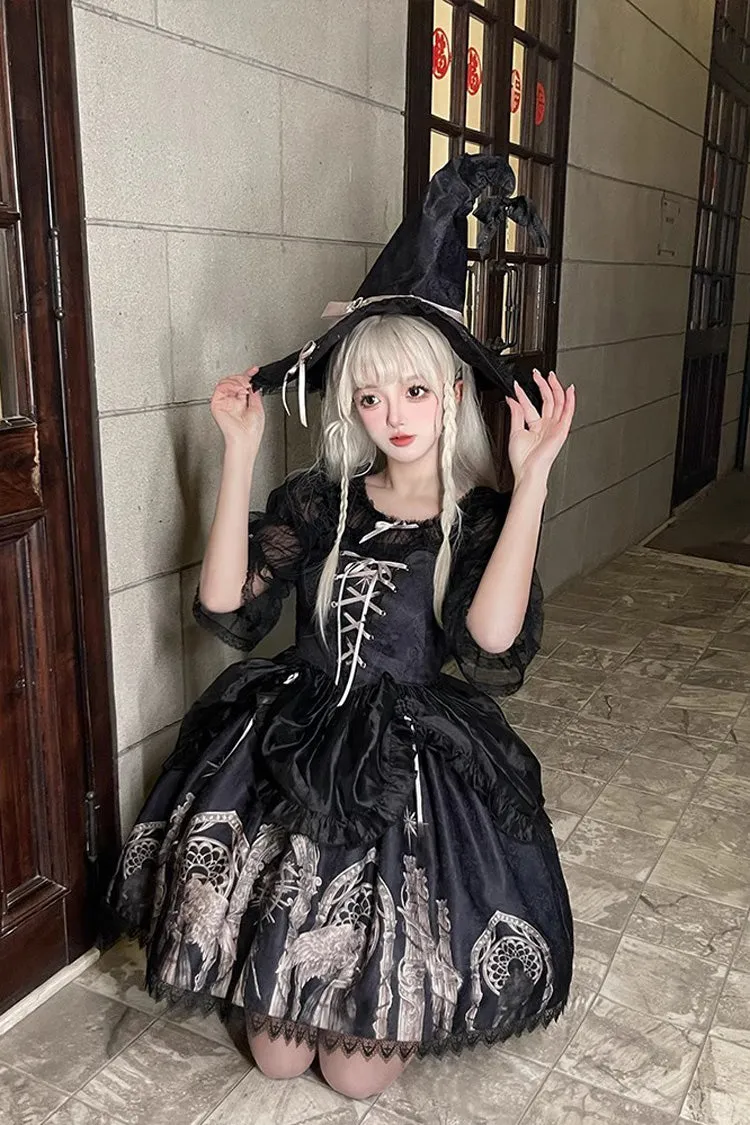 Black Eternal Night Print Ballet Lace-Up Gothic Punk Lolita Jsk Dress