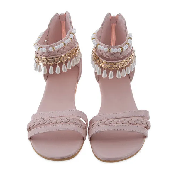 Gamiss Lady Bohemian Sandals Gladiator Weave Hollow Beading Wedges Shoes Low Heel Casual Summer Shoes Woman Sandals Flip Flops