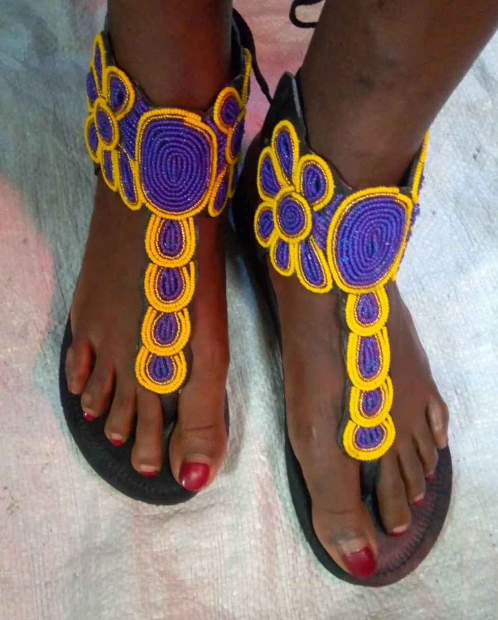 Gladiator African Beaded Sandals/Authentic Maasai-Style Leather Flip-Flops Women/Boho Beach Sandals/Comfortable Summer Sandal African Gifts