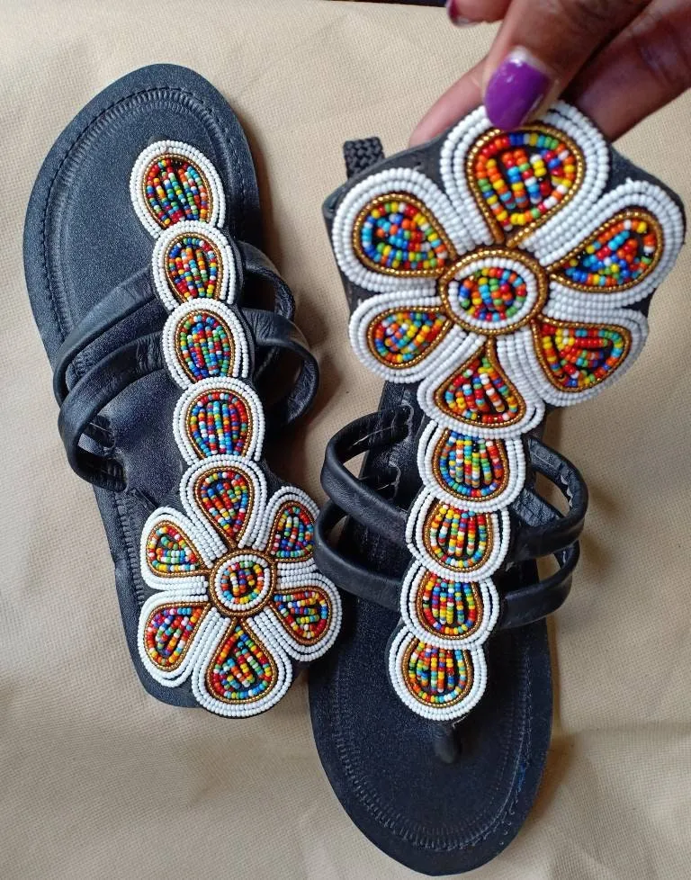 Handmade African Beaded Sandals/Authentic Maasai-Style Leather Flip-Flops Women/Boho Beach Sandals/Comfortable Summer Sandal African Gifts