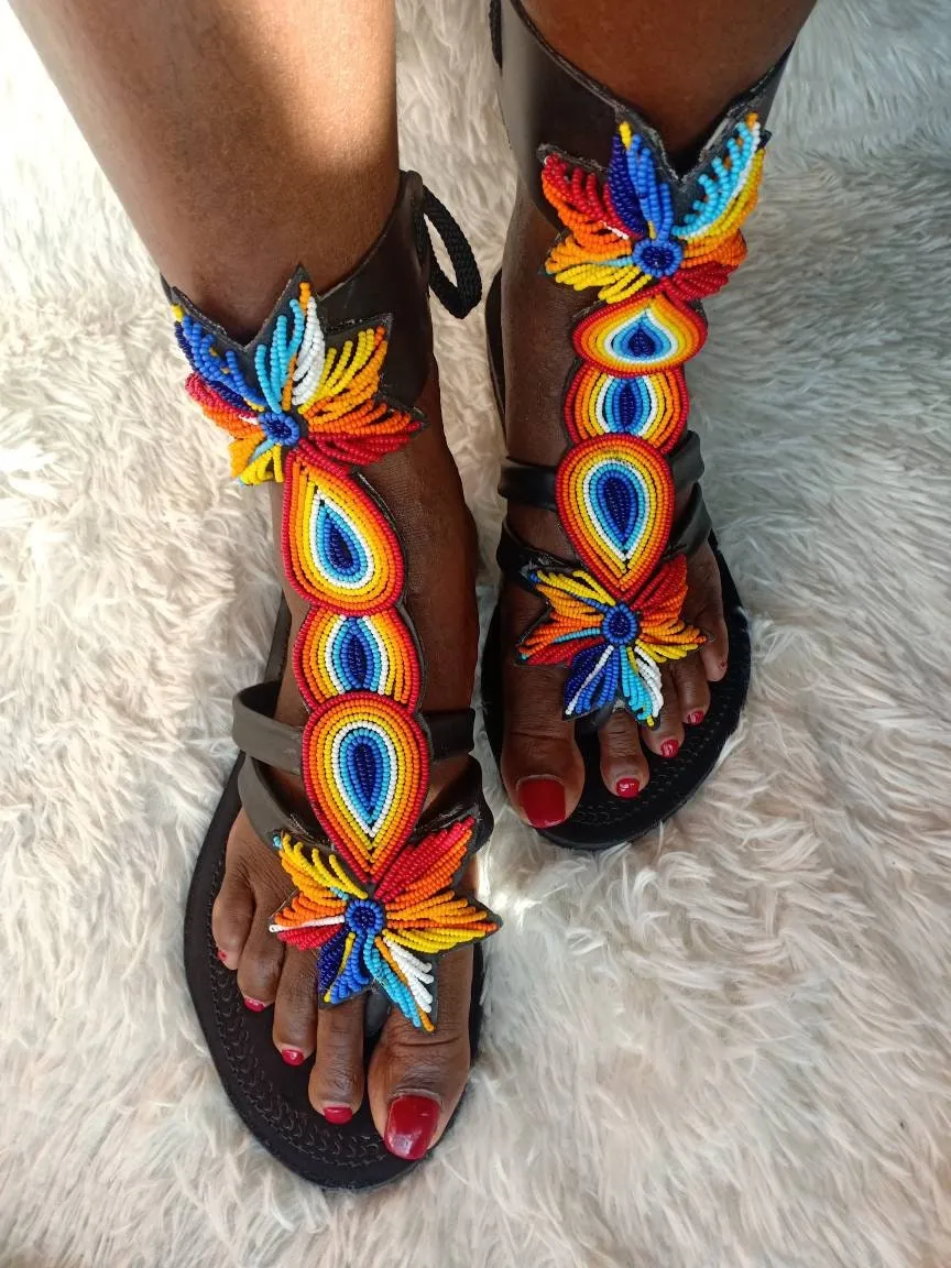 Handmade African Beaded Sandals/Authentic Maasai-Style Leather Flip-Flops Women/Boho Beach Sandals/Comfortable Summer Sandal African Gifts