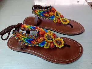 Handmade African Beaded Sandals/Authentic Maasai-Style Leather Flip-Flops Women/Boho Beach Sandals/Comfortable Summer Sandal African Gifts