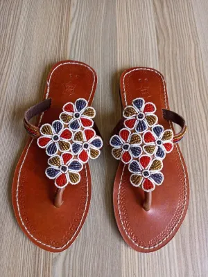 Handmade African Beaded Sandals/Authentic Maasai-Style Leather Flip-Flops Women/Boho Beach Sandals/Comfortable Summer Sandal African Gifts