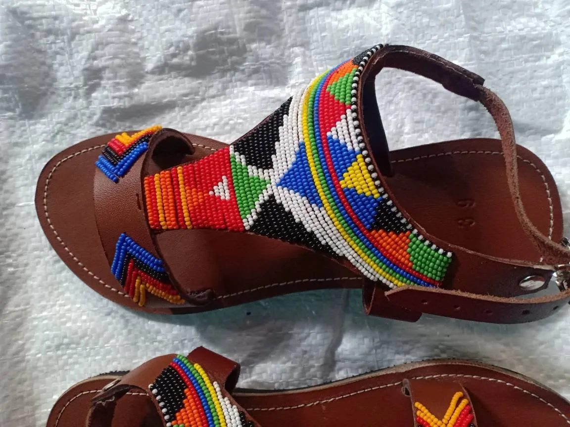 Handmade African Beaded Sandals/Authentic Maasai-Style Leather Flip-Flops Women/Boho Beach Sandals/Comfortable Summer Sandal African Gifts