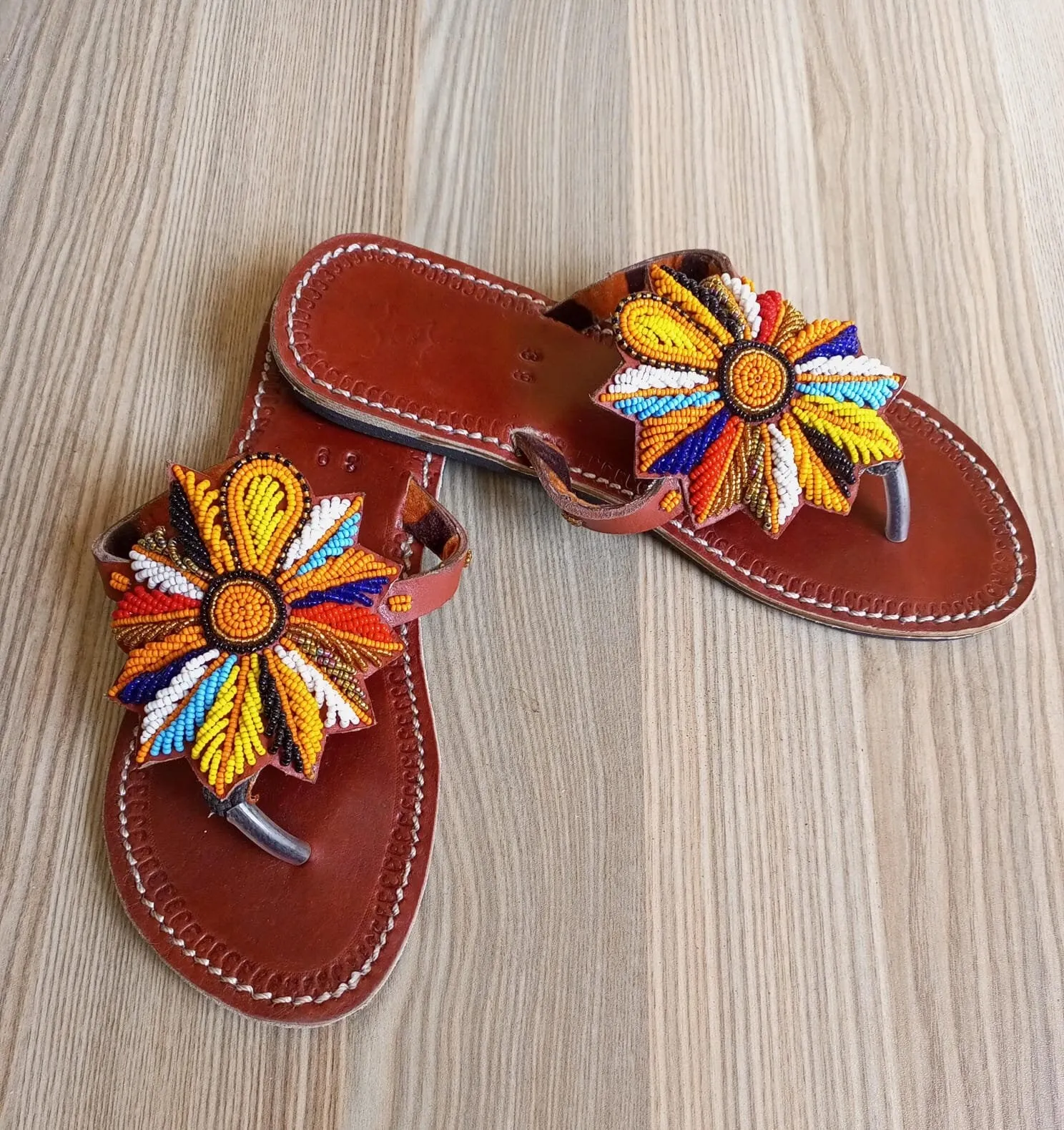 Handmade African Beaded Sandals/Authentic Maasai-Style Leather Flip-Flops Women/Boho Beach Sandals/Comfortable Summer Sandal African Gifts