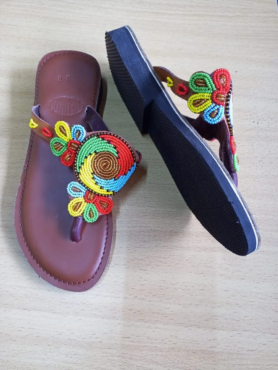 Handmade African Beaded Sandals/Authentic Maasai-Style Leather Flip-Flops Women/Boho Beach Sandals/Comfortable Summer Sandal African Gifts