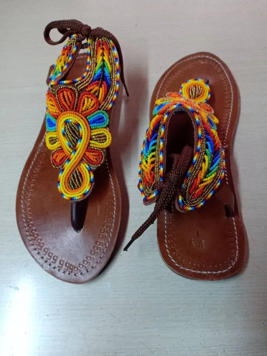 Handmade African Beaded Sandals/Authentic Maasai-Style Leather Flip-Flops Women/Boho Beach Sandals/Comfortable Summer Sandal African Gifts