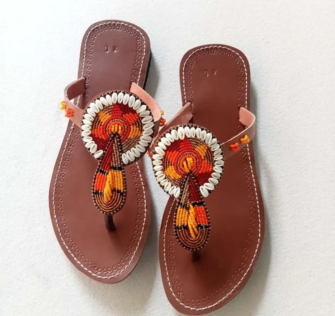 Handmade African Beaded Sandals/Authentic Maasai-Style Leather Flip-Flops Women/Boho Beach Sandals/Comfortable Summer Sandal African Gifts