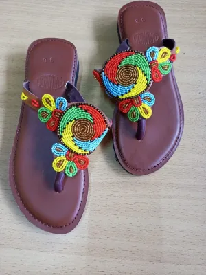 Handmade African Beaded Sandals/Authentic Maasai-Style Leather Flip-Flops Women/Boho Beach Sandals/Comfortable Summer Sandal African Gifts