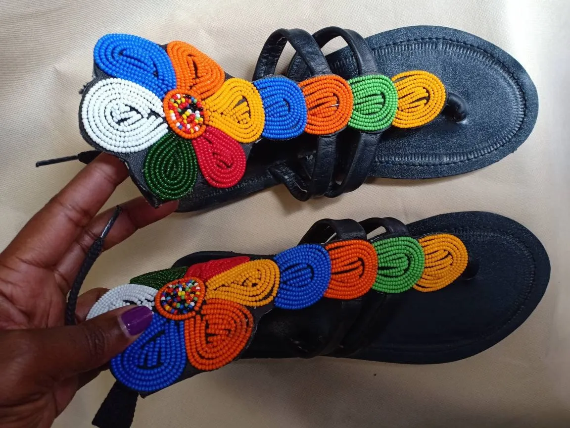 Handmade African Beaded Sandals/Authentic Maasai-Style Leather Flip-Flops Women/Boho Beach Sandals/Comfortable Summer Sandal African Gifts
