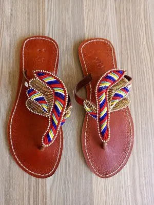 Handmade African Beaded Sandals/Authentic Maasai-Style Leather Flip-Flops Women/Boho Beach Sandals/Comfortable Summer Sandal African Gifts