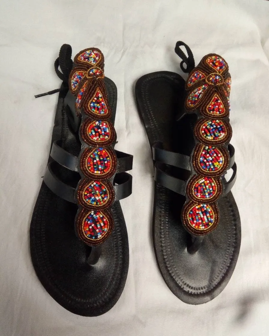 Handmade African Beaded Sandals/Authentic Maasai-Style Leather Flip-Flops Women/Boho Beach Sandals/Comfortable Summer Sandal African Gifts