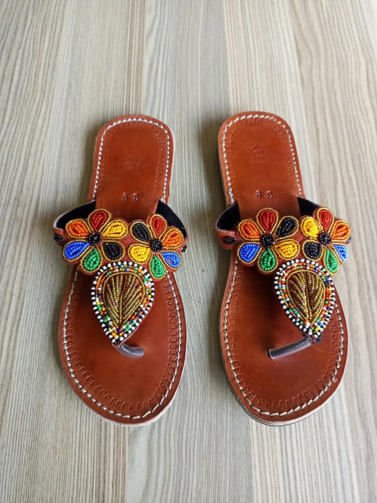 Handmade African Beaded Sandals/Authentic Maasai-Style Leather Flip-Flops Women/Boho Beach Sandals/Comfortable Summer Sandal African Gifts