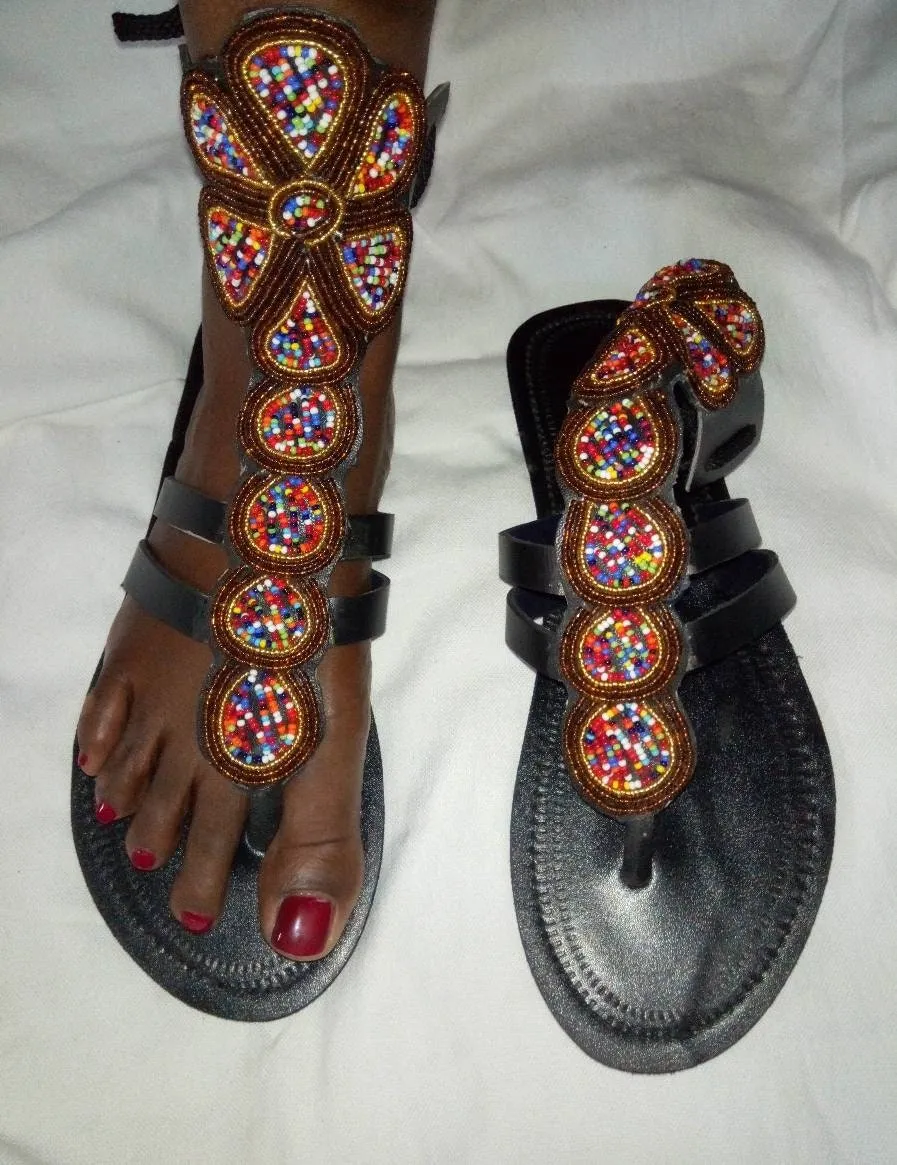Handmade African Beaded Sandals/Authentic Maasai-Style Leather Flip-Flops Women/Boho Beach Sandals/Comfortable Summer Sandal African Gifts