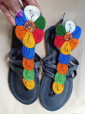 Handmade African Beaded Sandals/Authentic Maasai-Style Leather Flip-Flops Women/Boho Beach Sandals/Comfortable Summer Sandal African Gifts