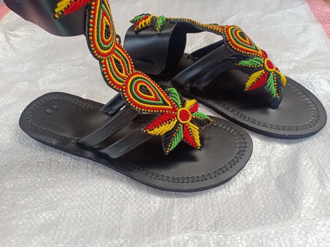 Handmade African Beaded Sandals/Authentic Maasai-Style Leather Flip-Flops Women/Boho Beach Sandals/Comfortable Summer Sandal African Gifts