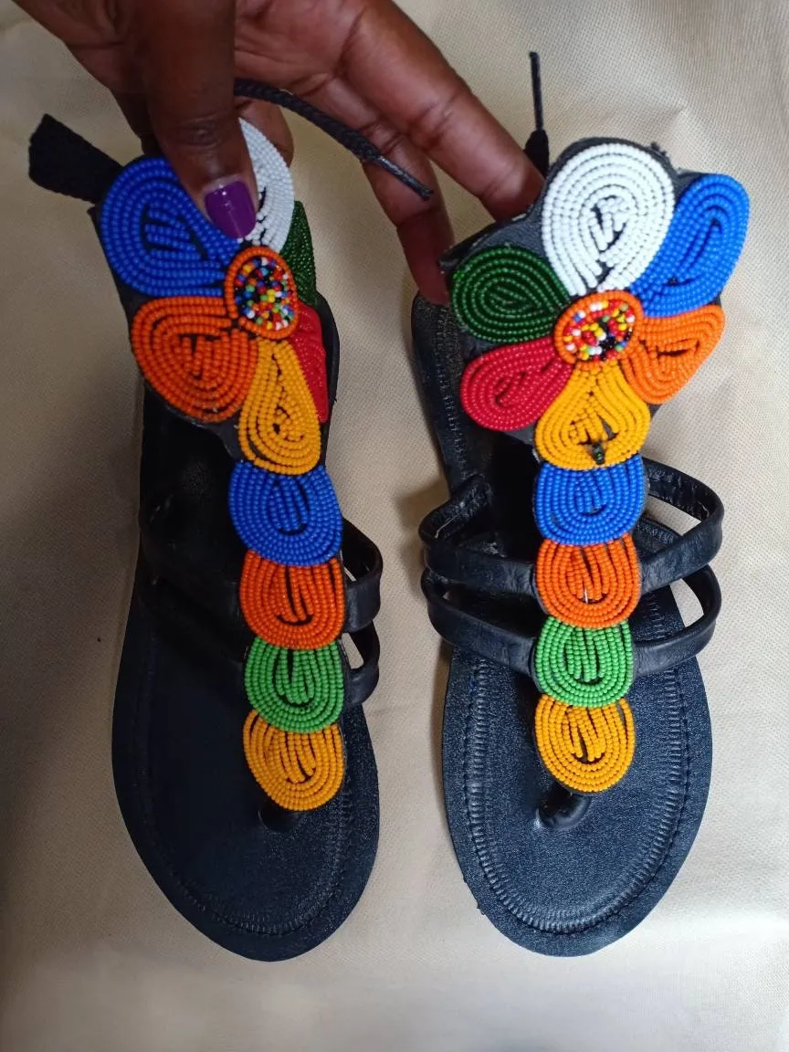 Handmade African Beaded Sandals/Authentic Maasai-Style Leather Flip-Flops Women/Boho Beach Sandals/Comfortable Summer Sandal African Gifts