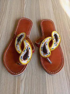 Handmade African Beaded Sandals/Authentic Maasai-Style Leather Flip-Flops Women/Boho Beach Sandals/Comfortable Summer Sandal African Gifts