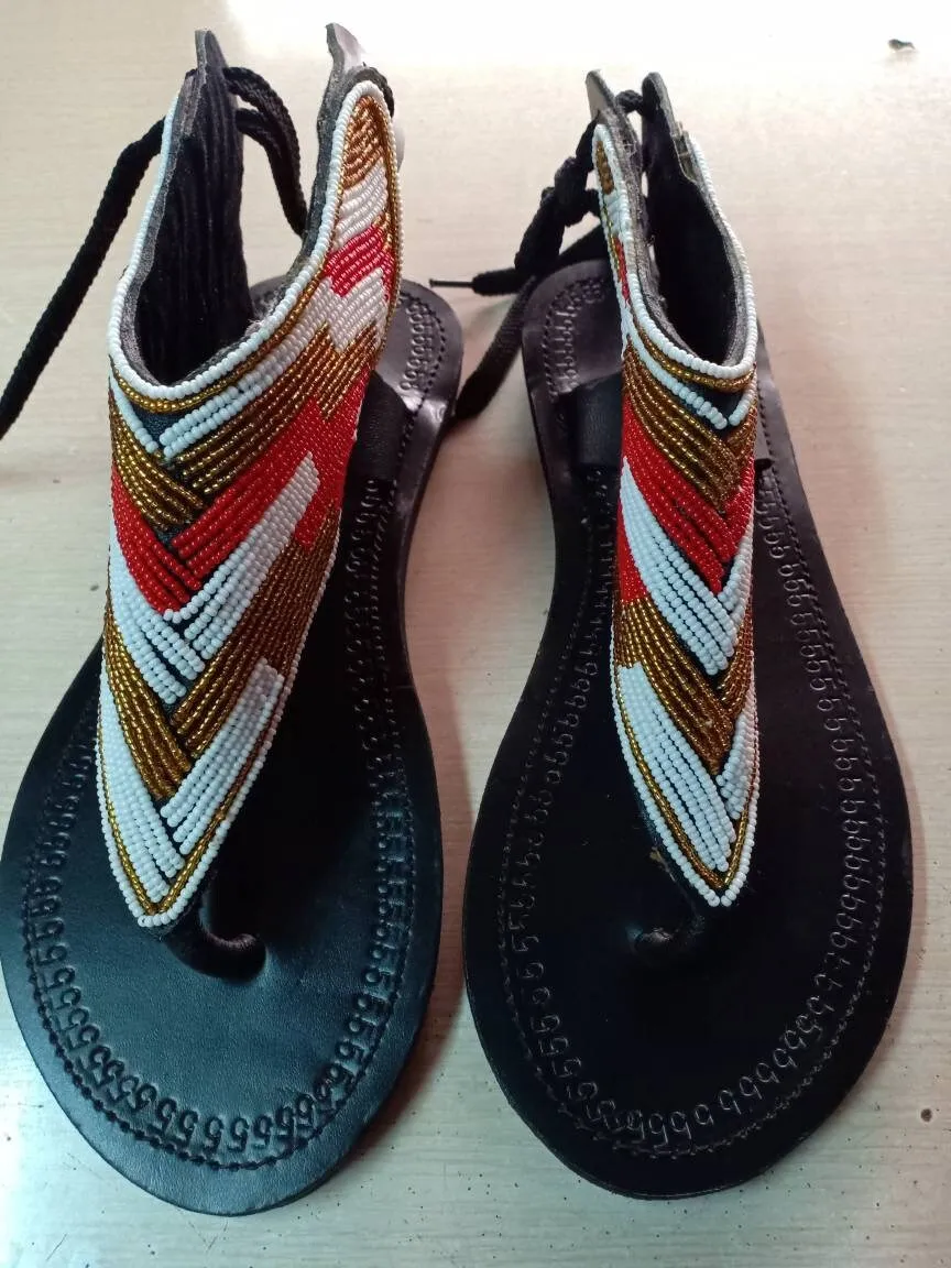 Handmade African Beaded Sandals/Authentic Maasai-Style Leather Flip-Flops Women/Boho Beach Sandals/Comfortable Summer Sandal African Gifts