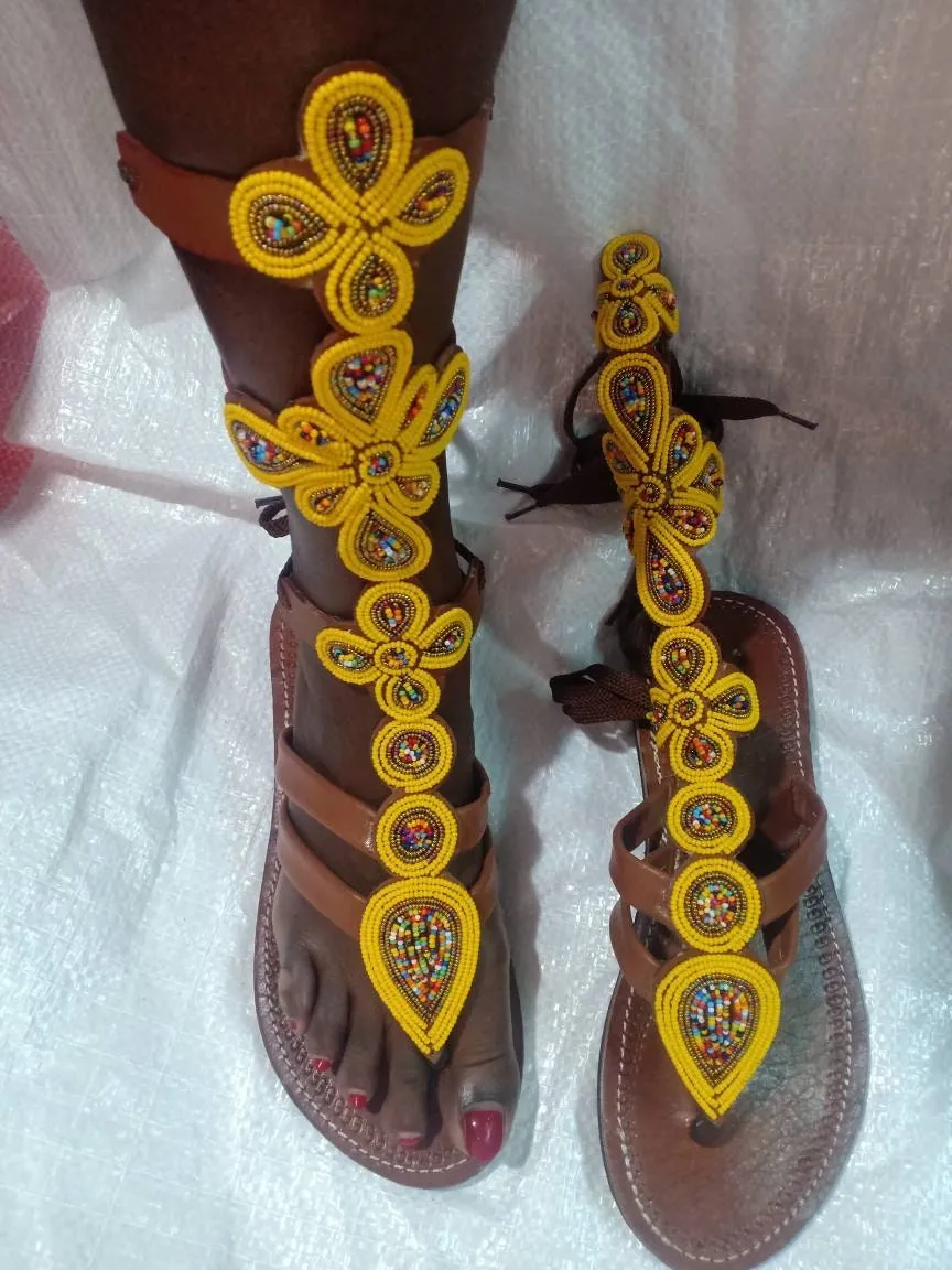 Handmade African Beaded Sandals/Authentic Maasai-Style Leather Flip-Flops Women/Boho Beach Sandals/Comfortable Summer Sandal African Gifts