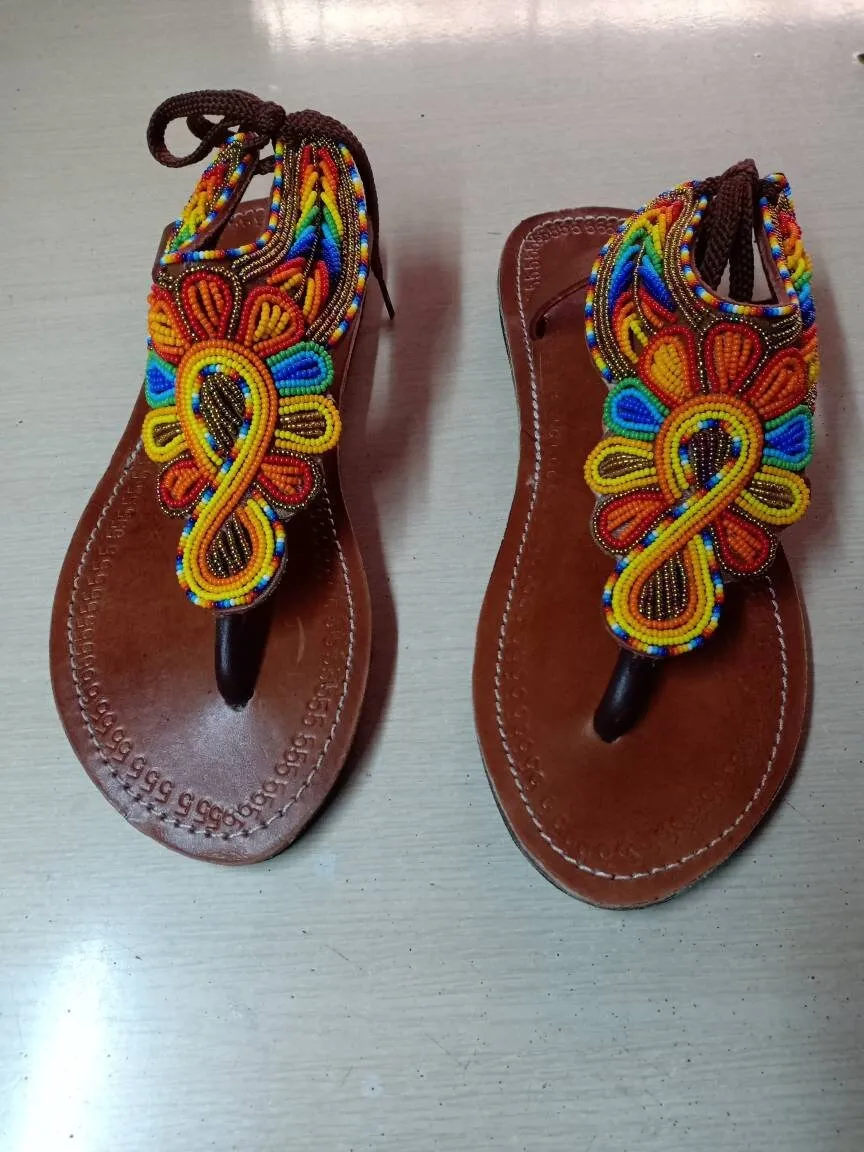 Handmade African Beaded Sandals/Authentic Maasai-Style Leather Flip-Flops Women/Boho Beach Sandals/Comfortable Summer Sandal African Gifts