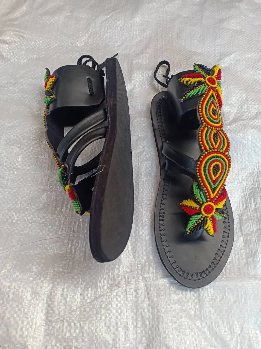 Handmade African Beaded Sandals/Authentic Maasai-Style Leather Flip-Flops Women/Boho Beach Sandals/Comfortable Summer Sandal African Gifts